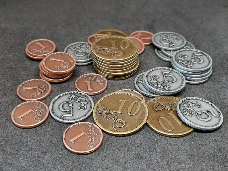 Ensemble de pièces en métal couleur bronze, argent et or de valeur 1, 5, 10 pour jeu de société ou JDR plusieurs tailles sont disponibles image 4