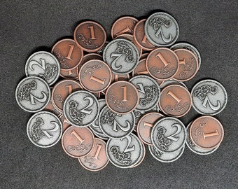 Set of bronze and silver metal coins of value 1 and 2 for board games or role-playing games (several set sizes are available)