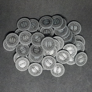 Silver metal coins, 20mm, of value 1 for board games, role playing games or magic theme