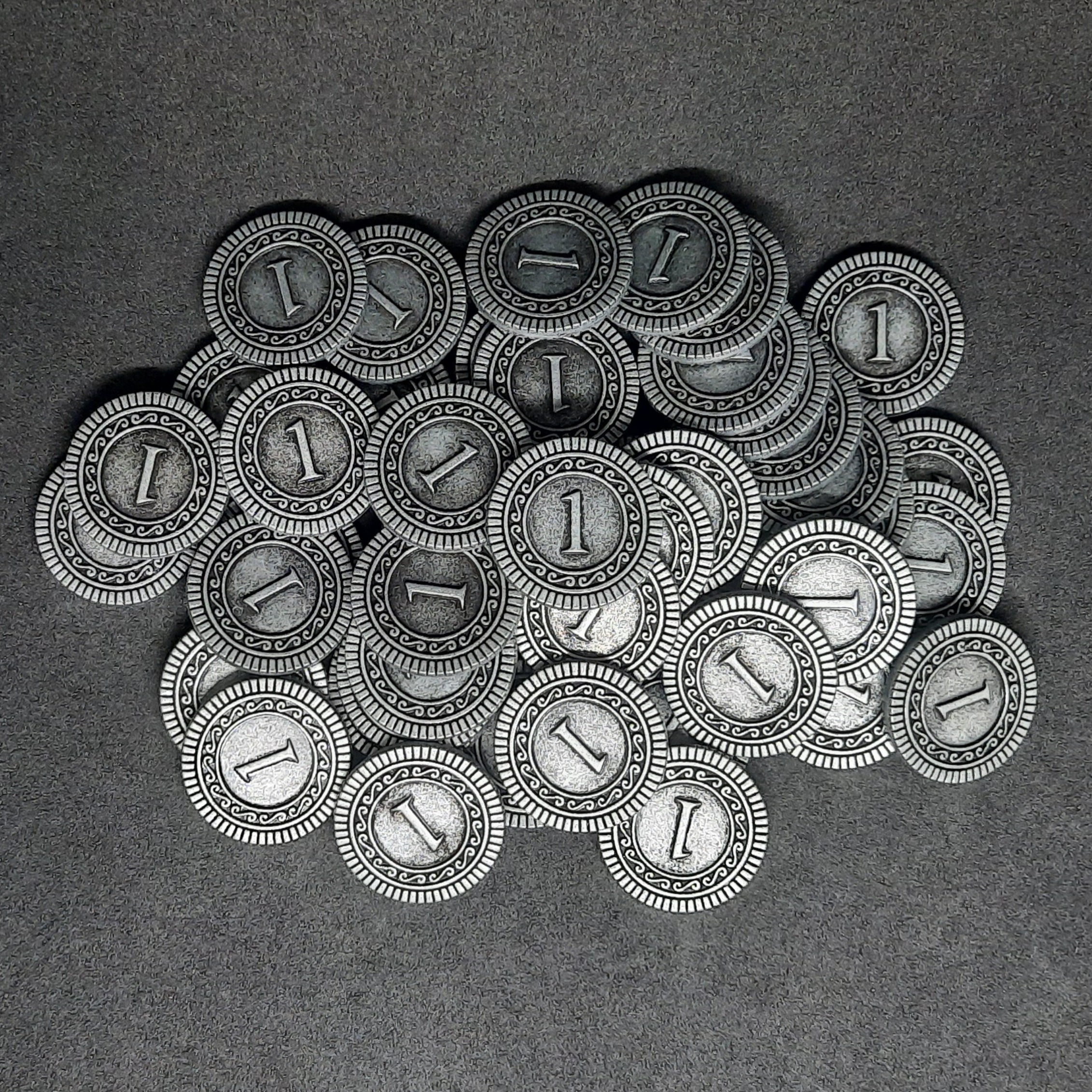 Silver metal coins, 20mm, of value 1 for board games, role playing games or magic theme