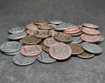 Set of arabic bronze, silver and gold metal coins, 22mm, for treasure chest or board games (several sizes are available)