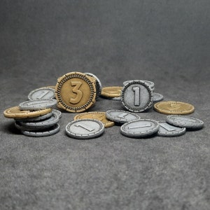Set of silver and gold 7 Wonders metal coins of value 1, 3 for board games (several sizes are available)