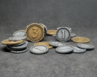Set aus silbernen und goldenen 7 Wonders Metallmünzen Wert 1, 3 für Brettspiele (mehrere Größen sind verfügbar)