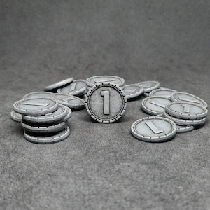 Silver 7 Wonders metal coins, 20mm, of value 1 for board games, role playing games or medieval theme