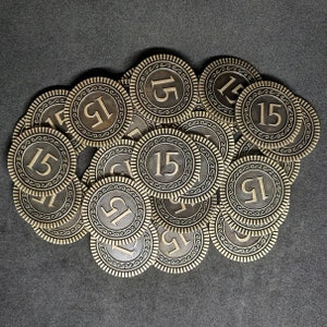 Antique gold metal coins, 30mm, of value 15 for board games, role playing games or magic theme