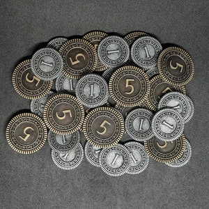 Set of silver and gold metal coins of value 1 and 5 for board games or role-playing games (several set sizes are available)