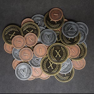Set of bronze, silver and gold metal coins of value 1, 5, 10 for board games or role-playing games (several sizes are available)