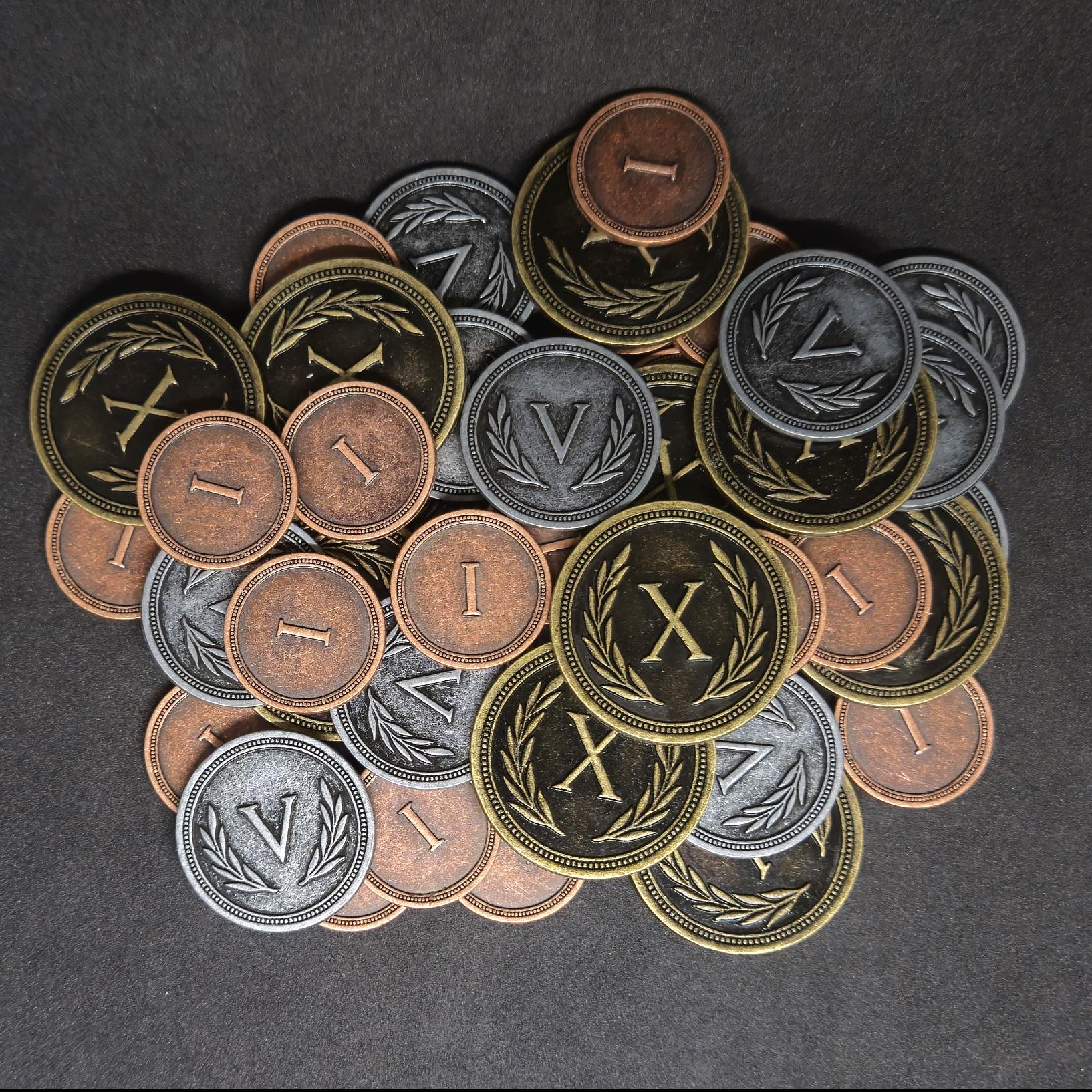 Set of bronze, silver and gold metal coins of value 1, 5, 10 for board games or role-playing games (several sizes are available)