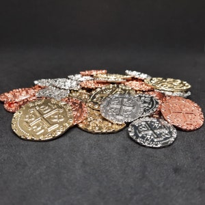 Set of copper, silver and golden real metal coins for pirate chest, board game (several sizes are available)