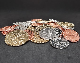 Set of copper, silver and golden real metal coins for pirate chest, board game (several sizes are available)
