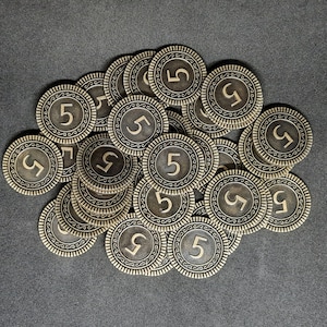 Antique gold metal coins, 25mm, of value 5 for board games, role playing games or magic theme
