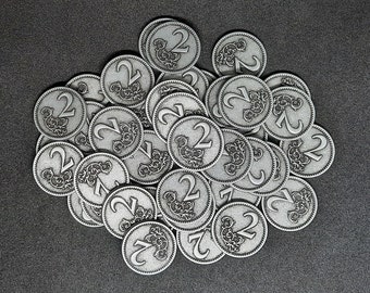 Silver metal coins, 22mm, of value 2 for board games, role playing games or medieval theme