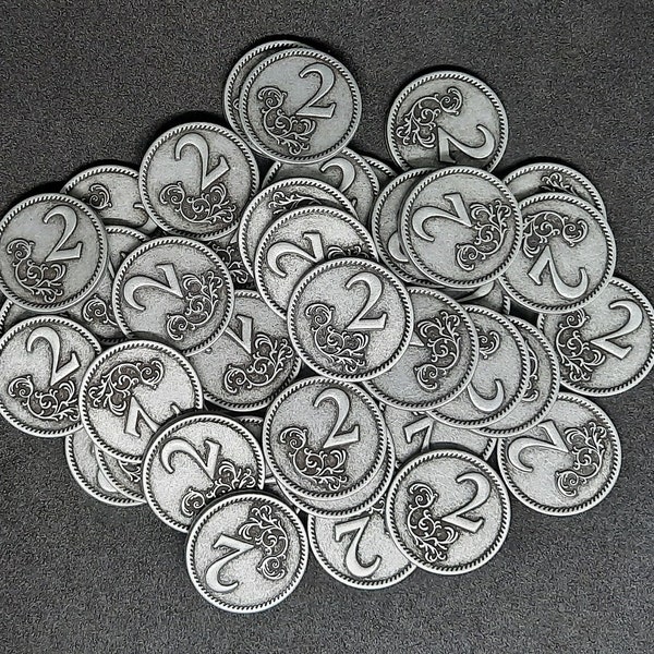 Silver metal coins, 22mm, of value 2 for board games, role playing games or medieval theme