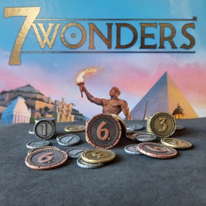 Set of metal coins for 7 Wonders and 7 Wonders Duel of value 1, 3 and 6, silver, gold and bronze (20mm, 25mm, 30mm)