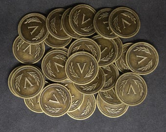 Gold metal coins, 25mm, of value 5 for board games, role playing games or Roman empire theme