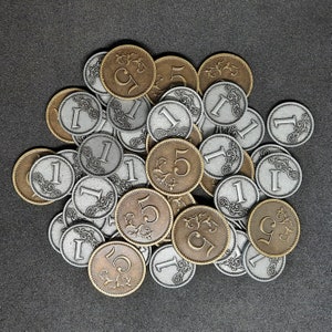Set of silver and gold metal coins of value 1 and 5 for board games or role-playing games (several set sizes are available)