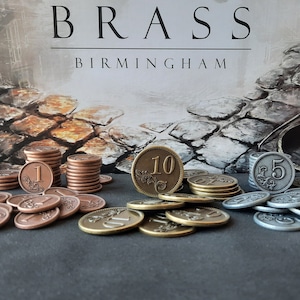 Set of 80 metal coins for Brass Birmingham or Brass Lancashire, bronze, silver and gold (20mm, 25mm and 30mm)