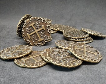 Large gold antique metal coins, 30mm, for pirate chest or board game