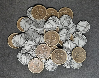 Set of silver and gold metal coins of value 1 and 5 for board games or role-playing games (several set sizes are available)