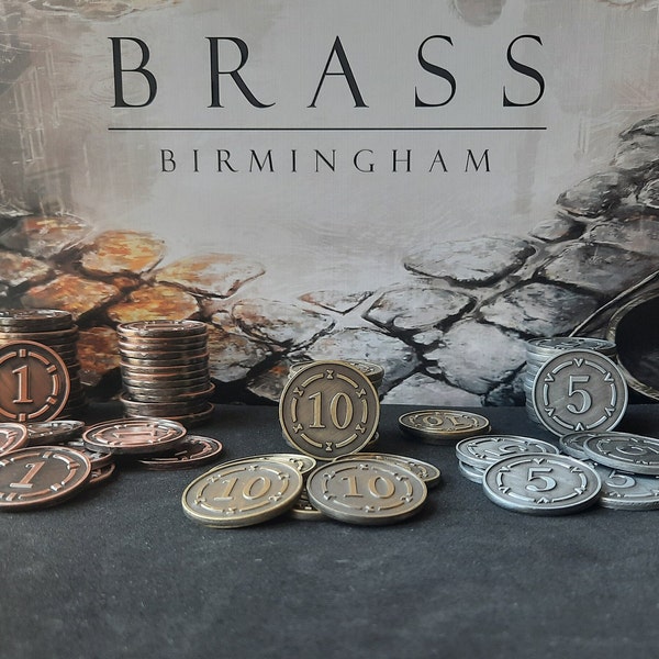 Set of 80 plated metal coins, 25mm, for Brass Birmingham or Brass Lancashire (bronze, silver and gold)