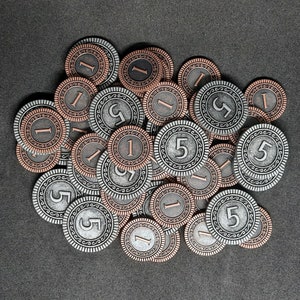 Set of bronze and silver metal coins of value 1 and 5 for board games or role-playing games (several set sizes are available)
