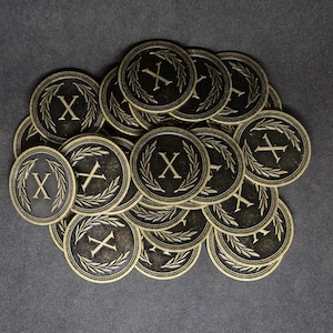 Antique gold metal coins, 30mm, of value 10 for board games, role playing games or Roman empire theme