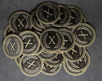 Antique gold metal coins, 30mm, of value 10 for board games, role playing games or Roman empire theme