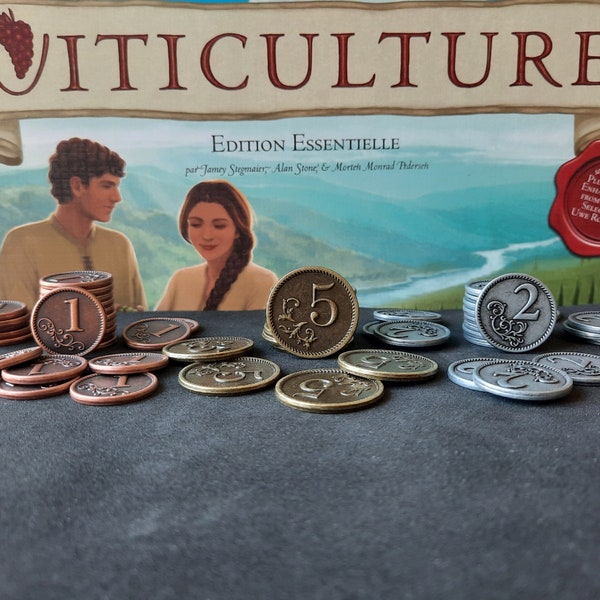 Set of 72 metal coins for Viticulture, bronze, silver and gold (20mm, 22mm, 25mm)
