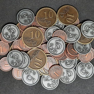 Set of bronze, silver and gold metal coins of value 1, 5, 10 for board games or role-playing games (several sizes are available)