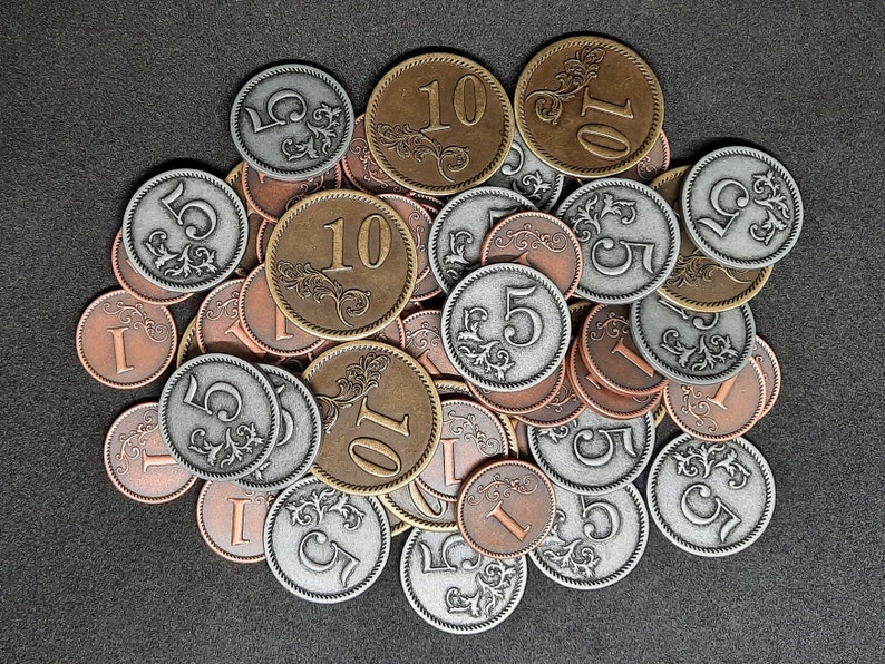 Conjunto de monedas de metal de bronce, plata y oro de valor 1, 5, 10 para juegos de mesa o de rol hay varios tamaños disponibles imagen 1
