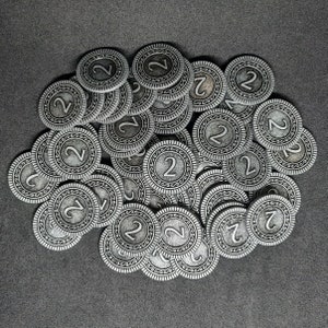Silver metal coins, 22mm, of value 2 for board games, role playing games or magic theme