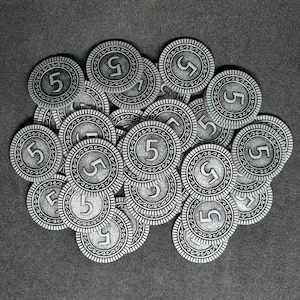 Silver metal coins, 25mm, of value 5 for board games, role playing games or magic theme