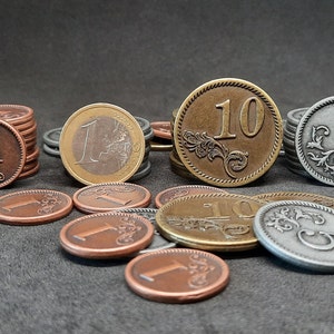 Conjunto de monedas de metal de bronce, plata y oro de valor 1, 5, 10 para juegos de mesa o de rol hay varios tamaños disponibles imagen 3