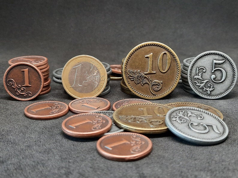 Conjunto de monedas de metal de bronce, plata y oro de valor 1, 5, 10 para juegos de mesa o de rol hay varios tamaños disponibles imagen 3