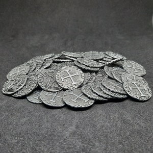 Small antique silver metal coins, 20mm, for pirate chest or board game