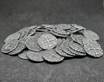 Small antique silver metal coins, 20mm, for pirate chest or board game