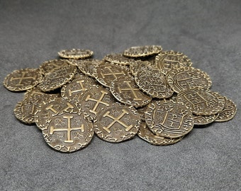 Small antique gold metal coins, 20mm, for pirate chest or board game