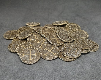 Small antique gold metal coins, 20mm, for pirate chest or board game