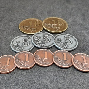 Conjunto de monedas de metal de bronce, plata y oro de valor 1, 5, 10 para juegos de mesa o de rol hay varios tamaños disponibles imagen 5