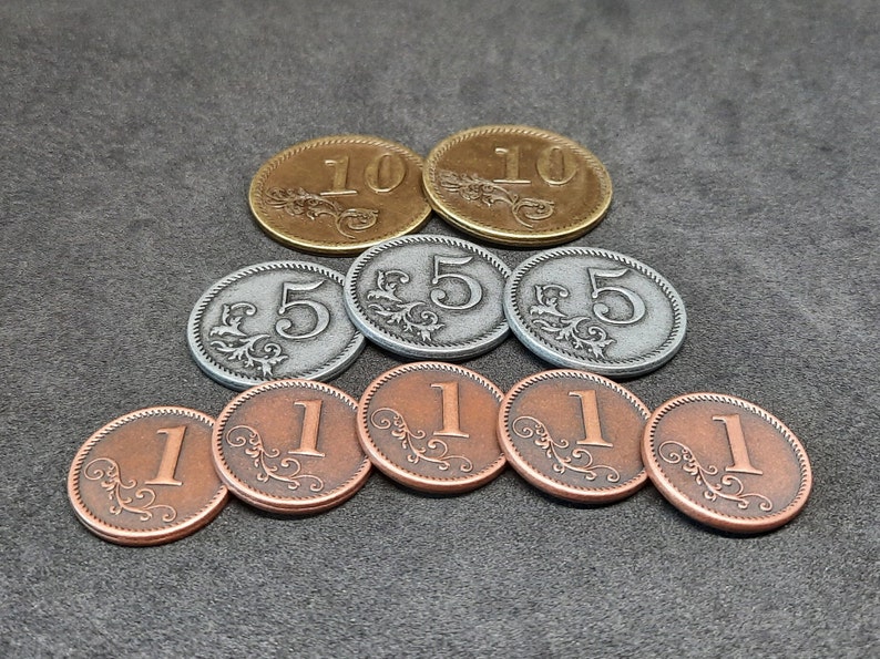 Conjunto de monedas de metal de bronce, plata y oro de valor 1, 5, 10 para juegos de mesa o de rol hay varios tamaños disponibles imagen 5