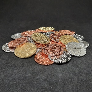 Set of copper, silver and golden real large metal coins, 30mm, for pirate chest, board game (several sizes are available)