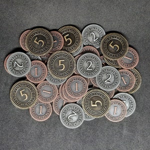 Set of bronze, silver and gold metal coins of value 1, 2, 5 for board games or role-playing games (several sizes are available)