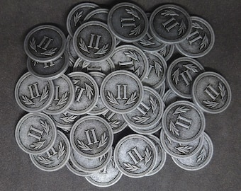 Silver metal coins, 22mm, of value 2 for board games, role playing games or Roman empire theme