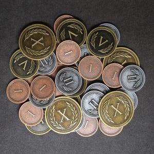 Set of bronze, silver and gold metal coins of value 1, 2, 5, 10 for board games or role-playing games (several sizes are available)