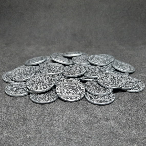 Arabic silver metal coins, 22mm, for treasure chest, board game, role-playing games or oriental/antique theme