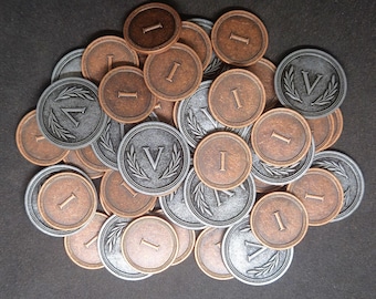 Juego de monedas de metal bronce y plata de valor 1 y 5 para juegos de mesa o de rol (hay varios tamaños de juego disponibles)