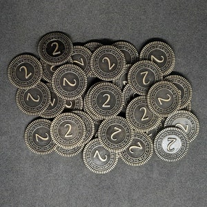 Antique gold metal coins, 22mm, of value 2 for board games, role playing games or magic theme