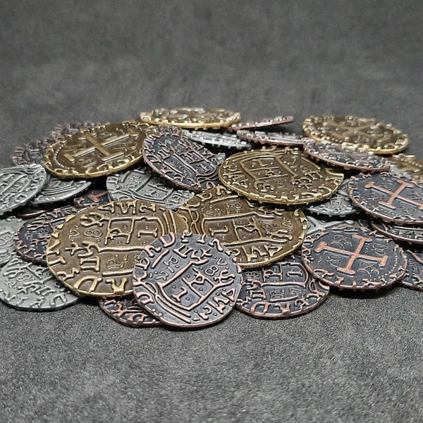 Set of bronze, silver and gold antique real metal coins for pirate chest, board game (several sizes are available)