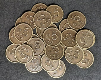 Gouden metalen munten, 25 mm, waarde 5 voor bordspellen, rollenspellen of middeleeuws thema