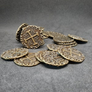 Large gold antique metal coins, 30mm, for pirate chest or board game